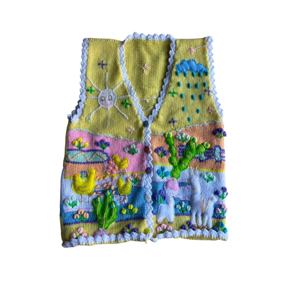 Kids Girl Vintage Embroidered Spring Cactus Llama Knitted Vest Yellow Size 5T - Picture 4 of 6
